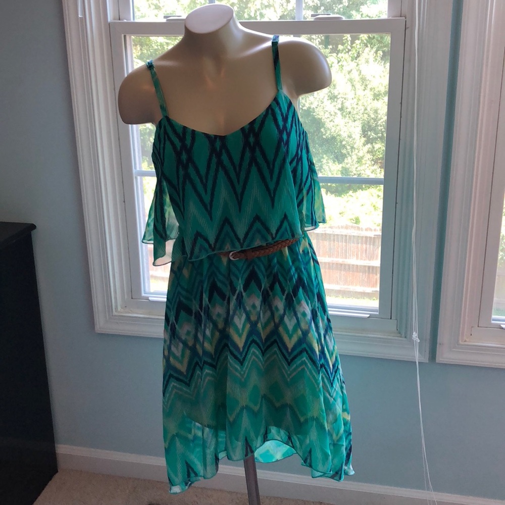 SMALL flowy blue, belted high-low summer dress
